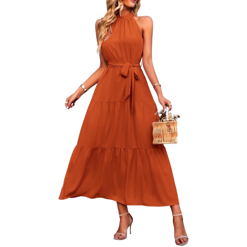 Brown Tiered Ruffled Halter Maxi Dress for Wedding Guest